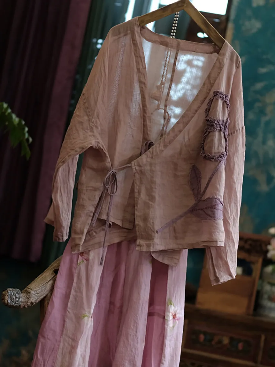 Women Vintage Flower Spliced Summer Strap Ramie Shirt