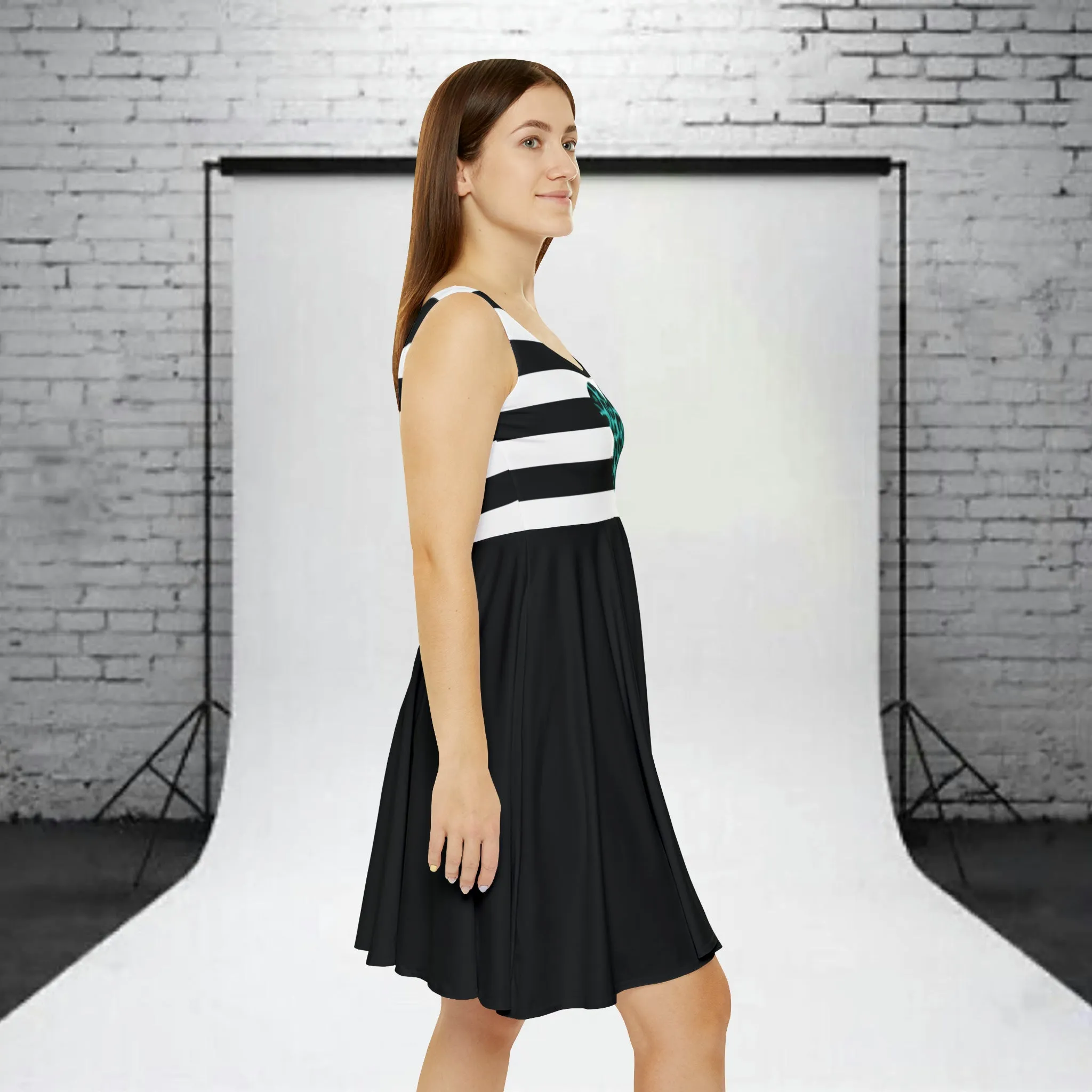 Women's Black & White Striped Two-tone With Leopard Print Heart Graphic Skater Dress