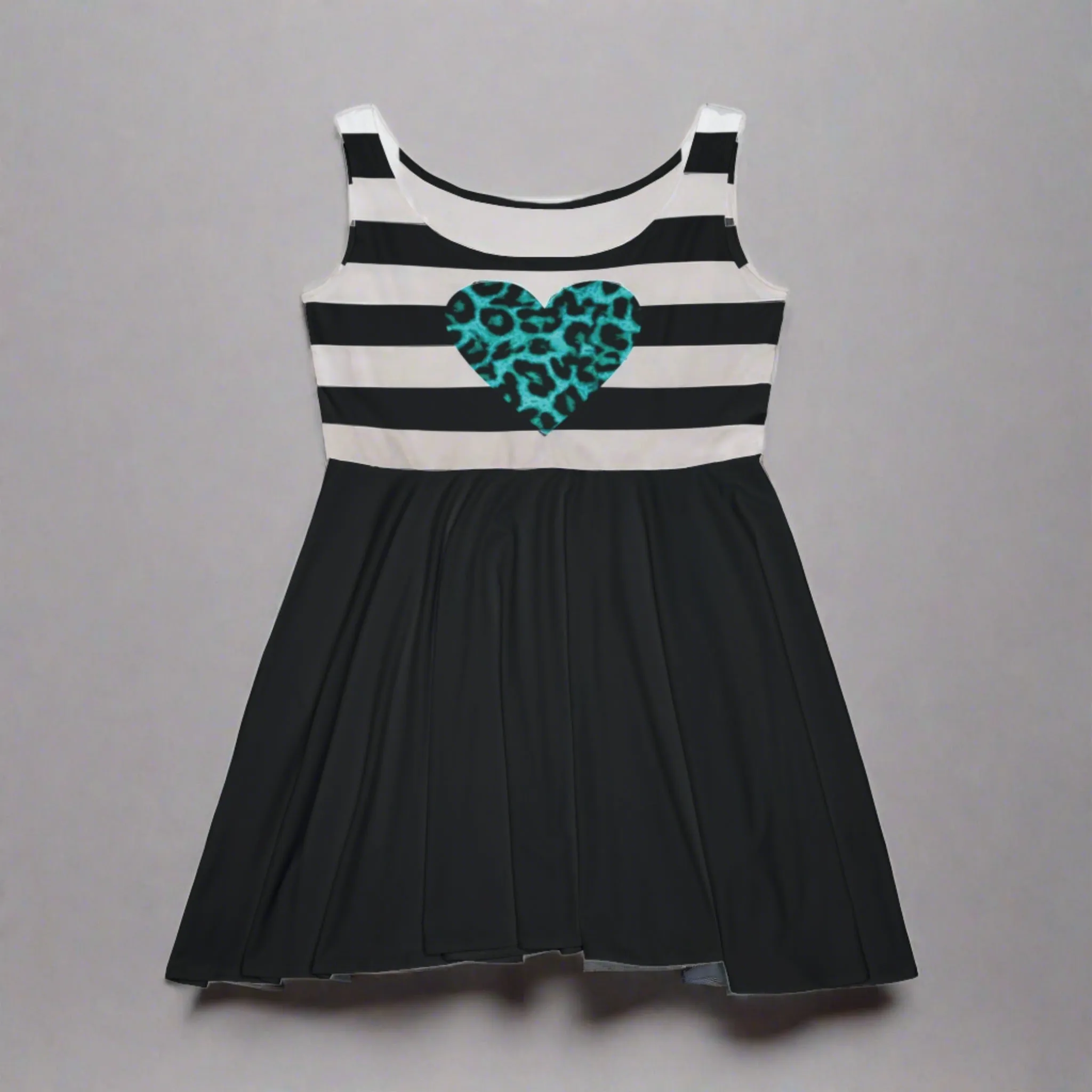 Women's Black & White Striped Two-tone With Leopard Print Heart Graphic Skater Dress