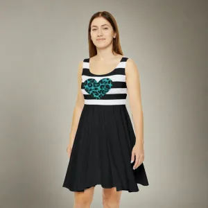 Women's Black & White Striped Two-tone With Leopard Print Heart Graphic Skater Dress