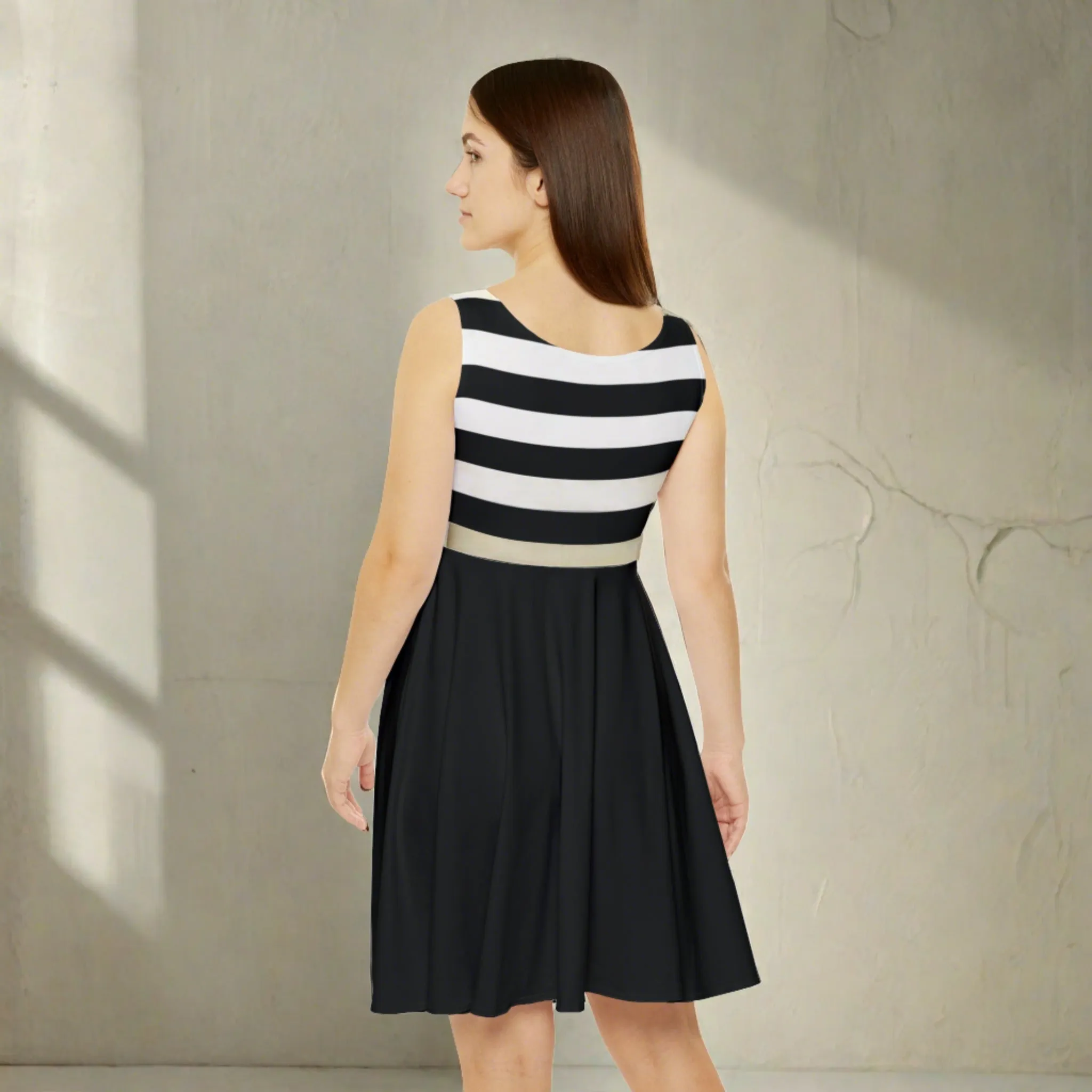 Women's Black & White Striped Two-tone With Leopard Print Heart Graphic Skater Dress