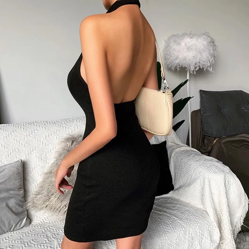 Women's Casual Sleeveless Halter V-Neck Mini Dress