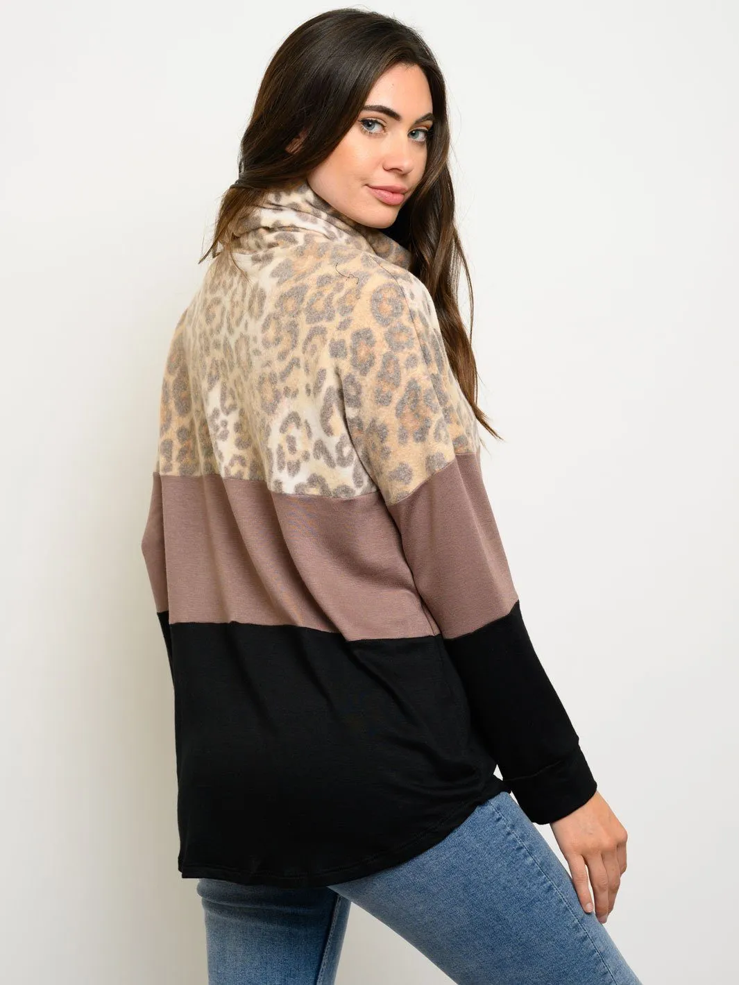 WOMEN'S COLOR BLOCK TURTLE NECK LONG SLEEVE TOP