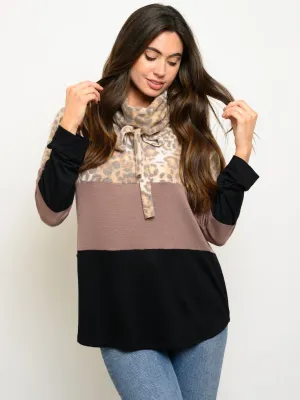 WOMEN'S COLOR BLOCK TURTLE NECK LONG SLEEVE TOP