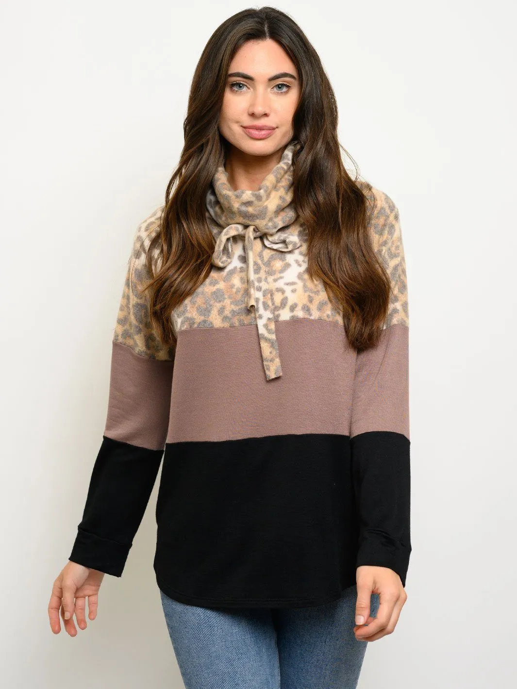 WOMEN'S COLOR BLOCK TURTLE NECK LONG SLEEVE TOP