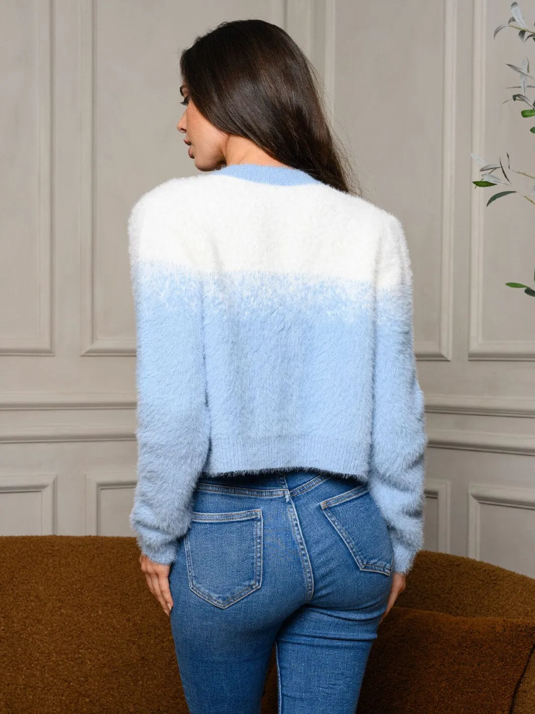 WOMEN'S LONG SLEEVE 2 TONE FUZZY BUTTON UP SWEATER