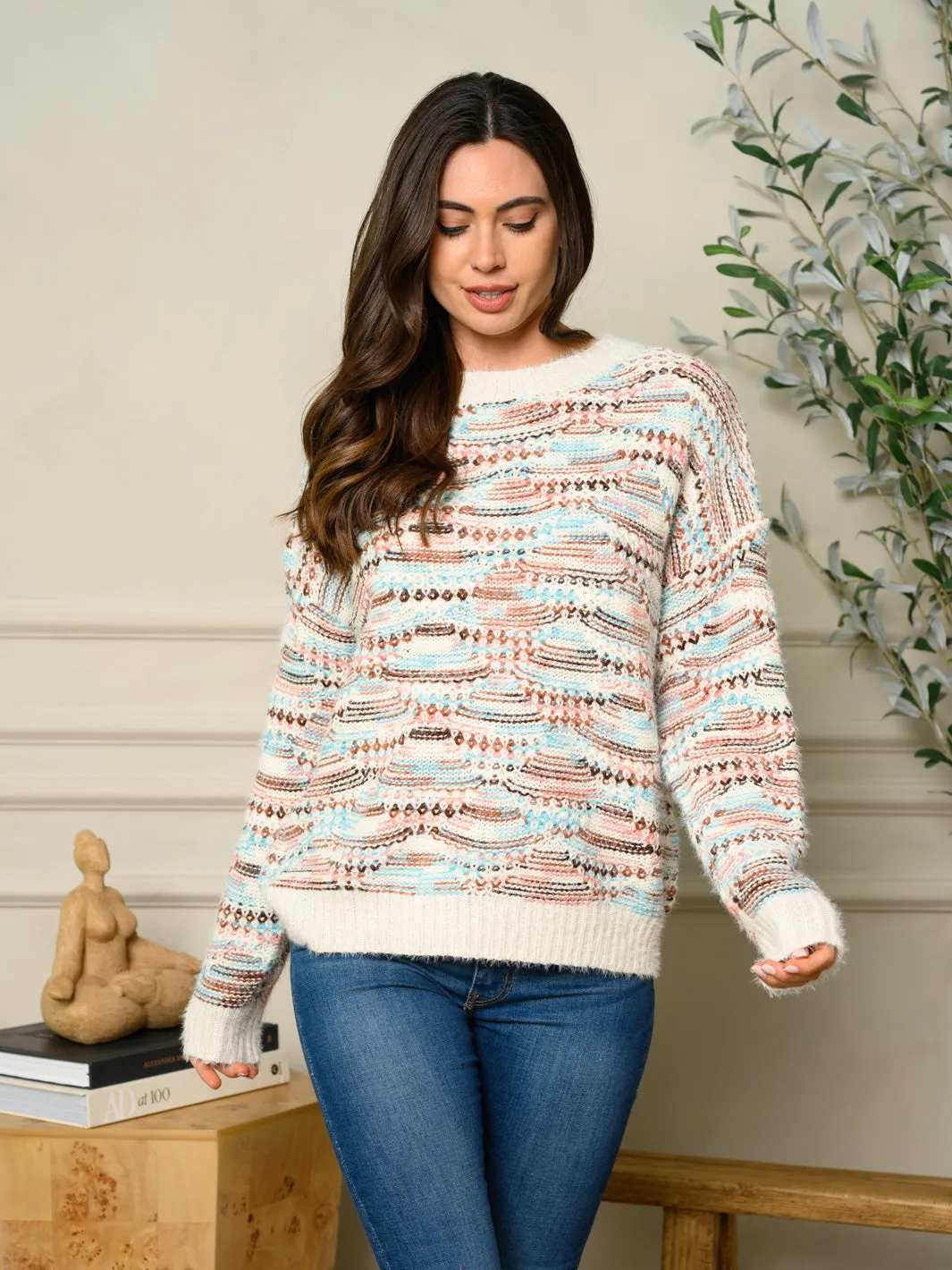 WOMEN'S LONG SLEEVE FUZZY MULTI COLOR SWEATER