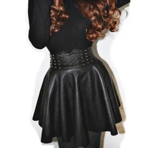 Women's Skirt Punk Skirts Rivet Synthetic Leather PU Pleated Fashion High Waist Skater Skirt