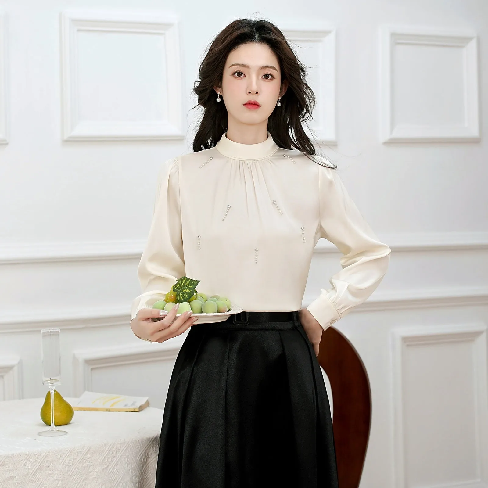 Women's Solid Color Blouse with Long Sleeves and Beaded Mock Neck