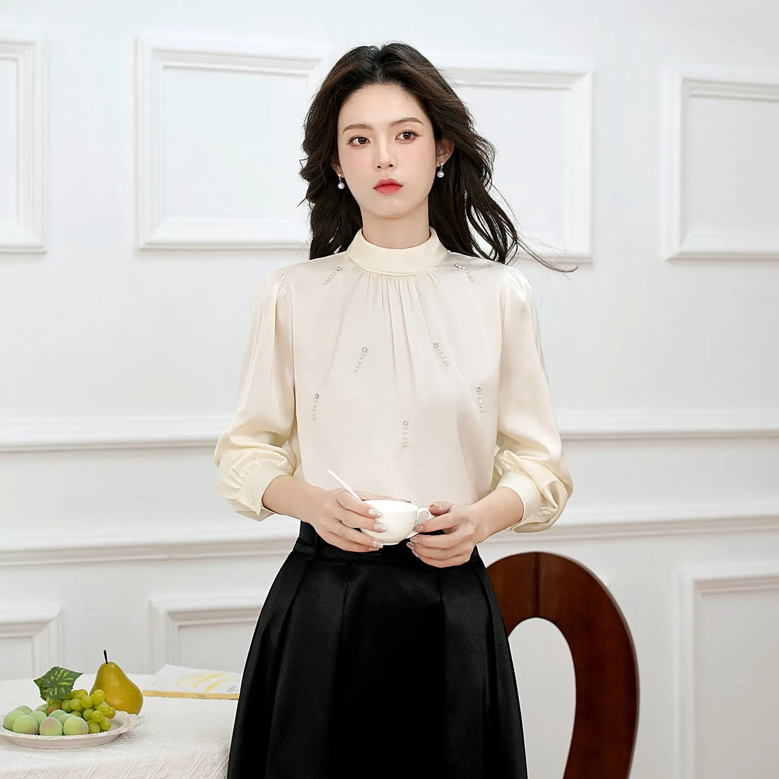 Women's Solid Color Blouse with Long Sleeves and Beaded Mock Neck