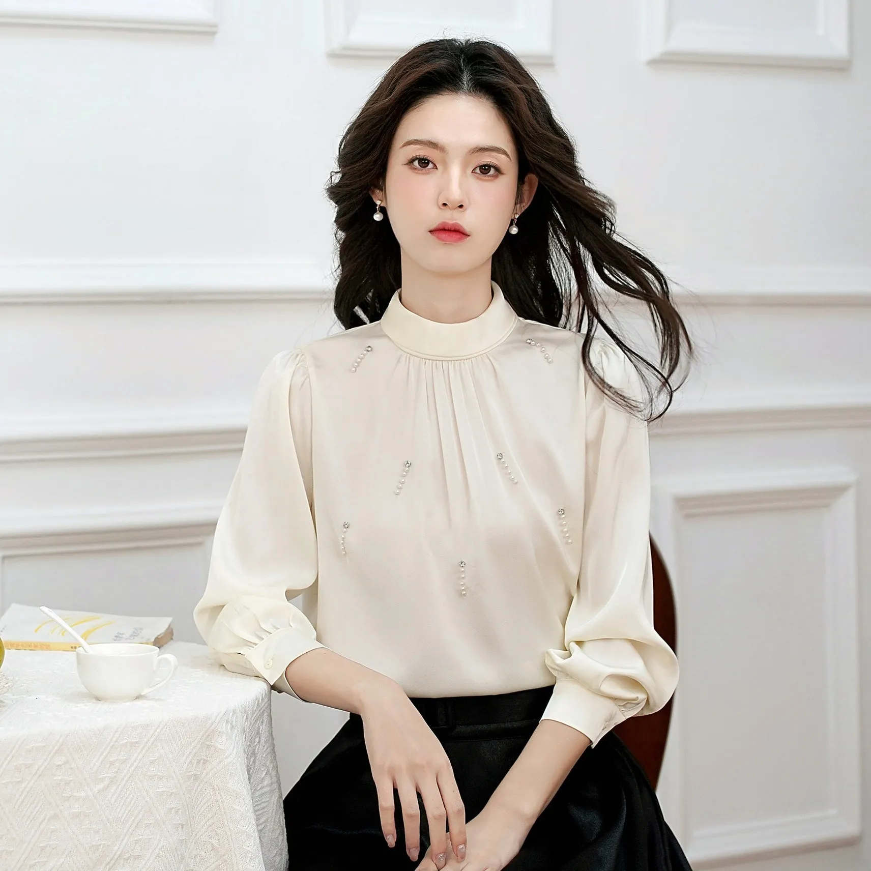 Women's Solid Color Blouse with Long Sleeves and Beaded Mock Neck