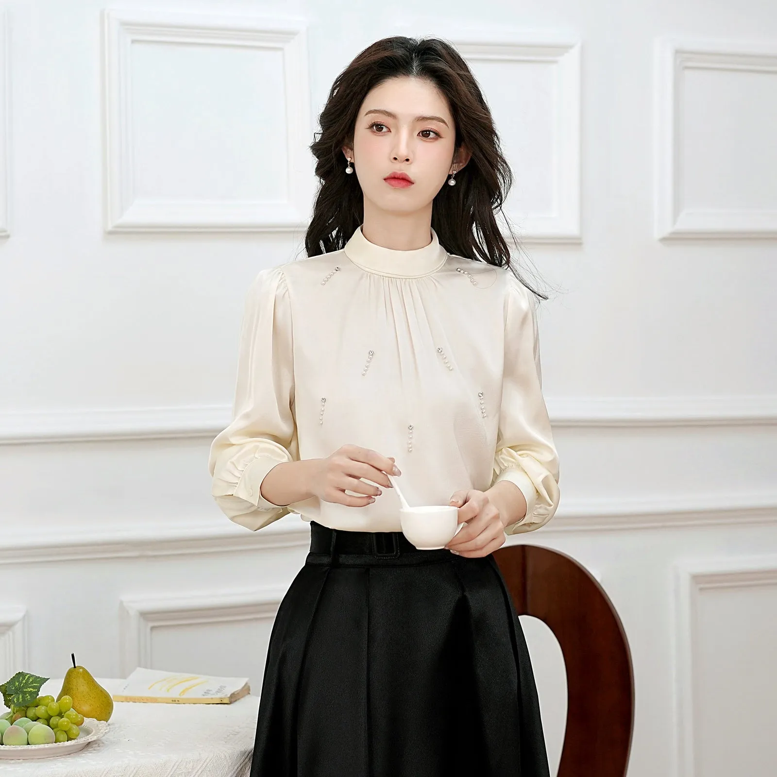Women's Solid Color Blouse with Long Sleeves and Beaded Mock Neck