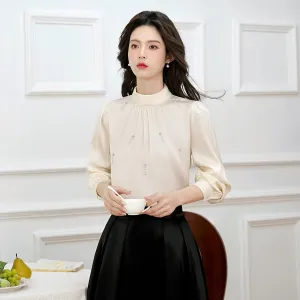 Women's Solid Color Blouse with Long Sleeves and Beaded Mock Neck