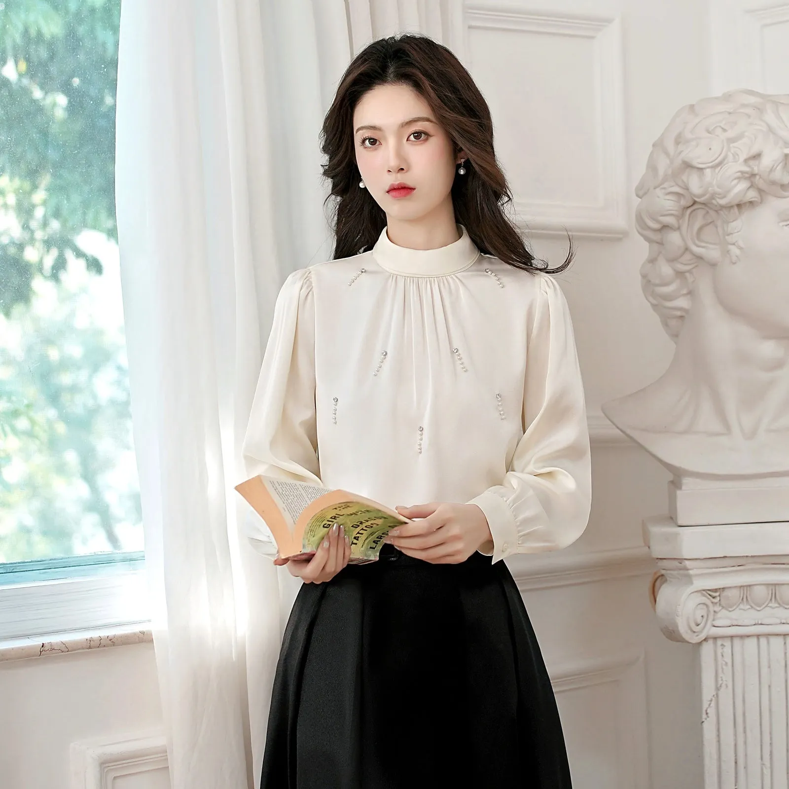 Women's Solid Color Blouse with Long Sleeves and Beaded Mock Neck