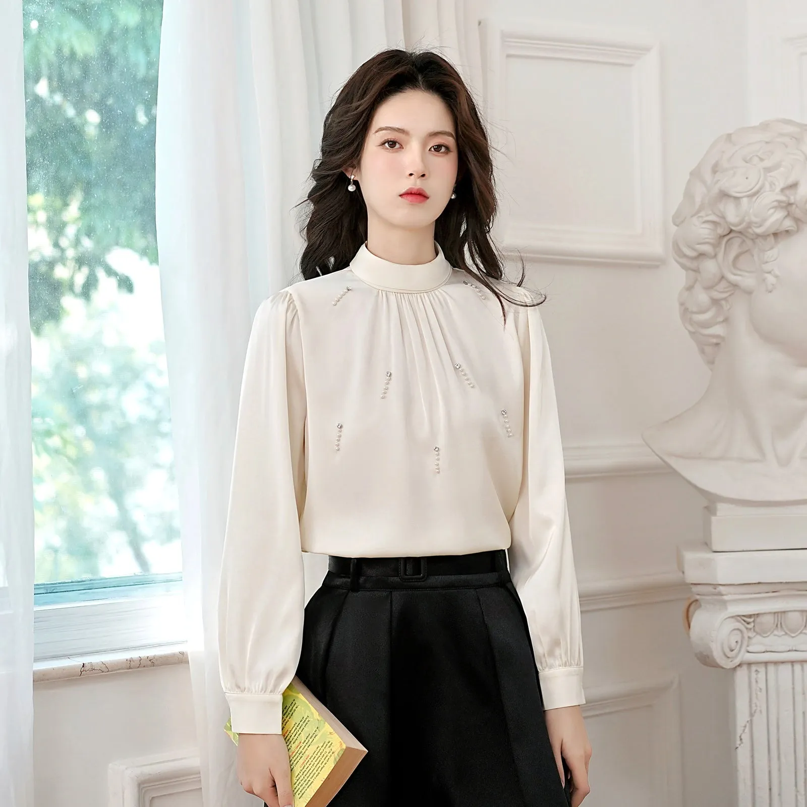 Women's Solid Color Blouse with Long Sleeves and Beaded Mock Neck