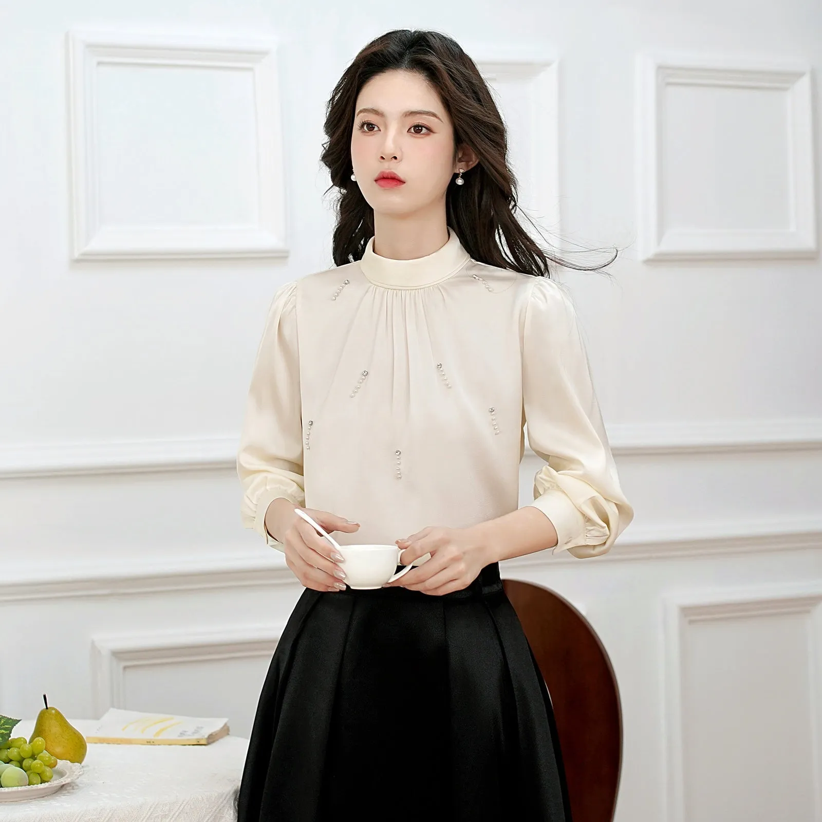 Women's Solid Color Blouse with Long Sleeves and Beaded Mock Neck