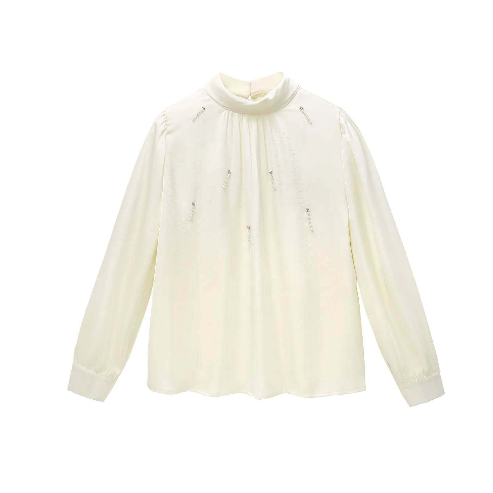 Women's Solid Color Blouse with Long Sleeves and Beaded Mock Neck