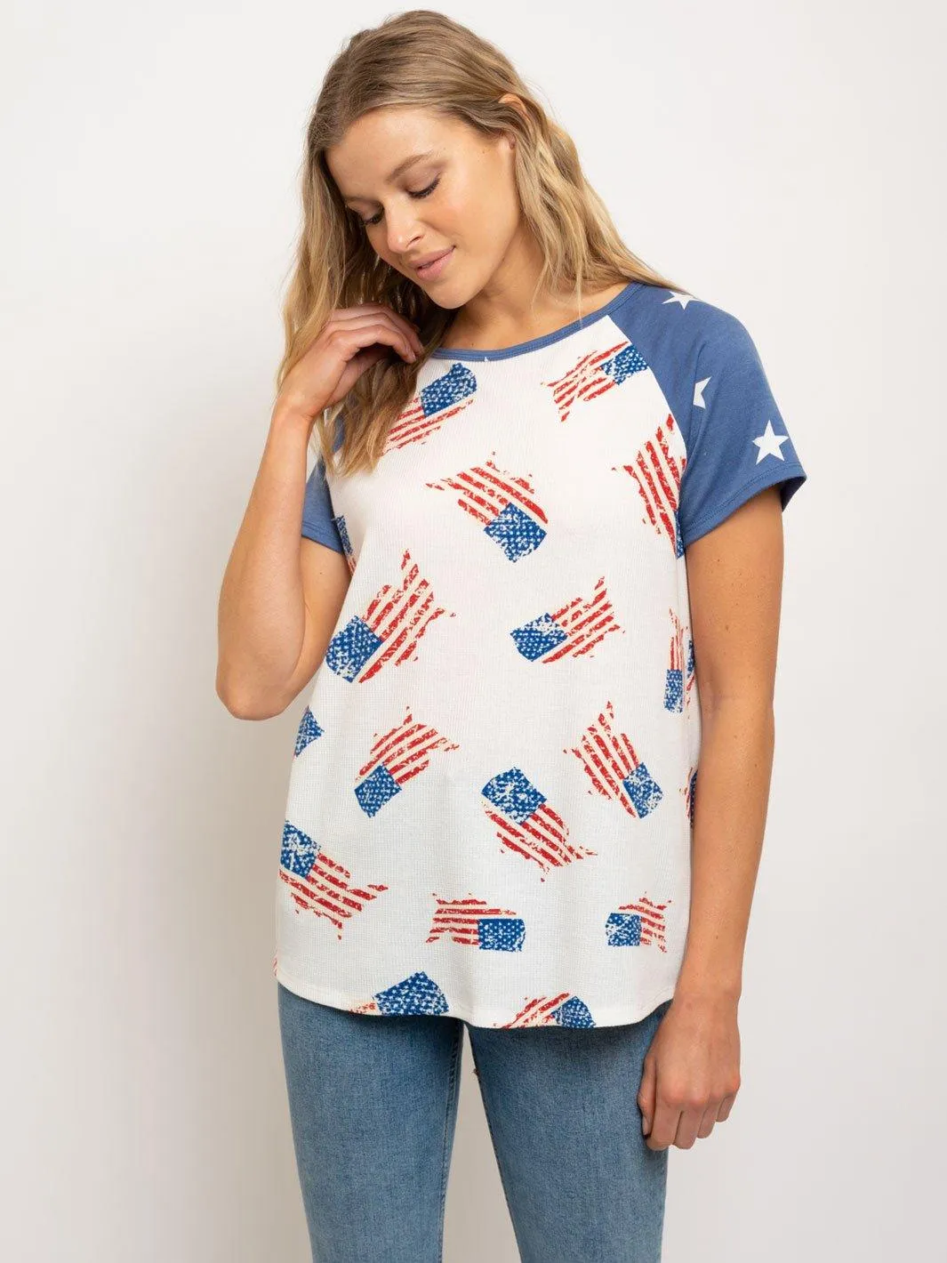 WOMEN'S STARS FLAG PRINT SHORT SLEEVE BOAT NECK TOP