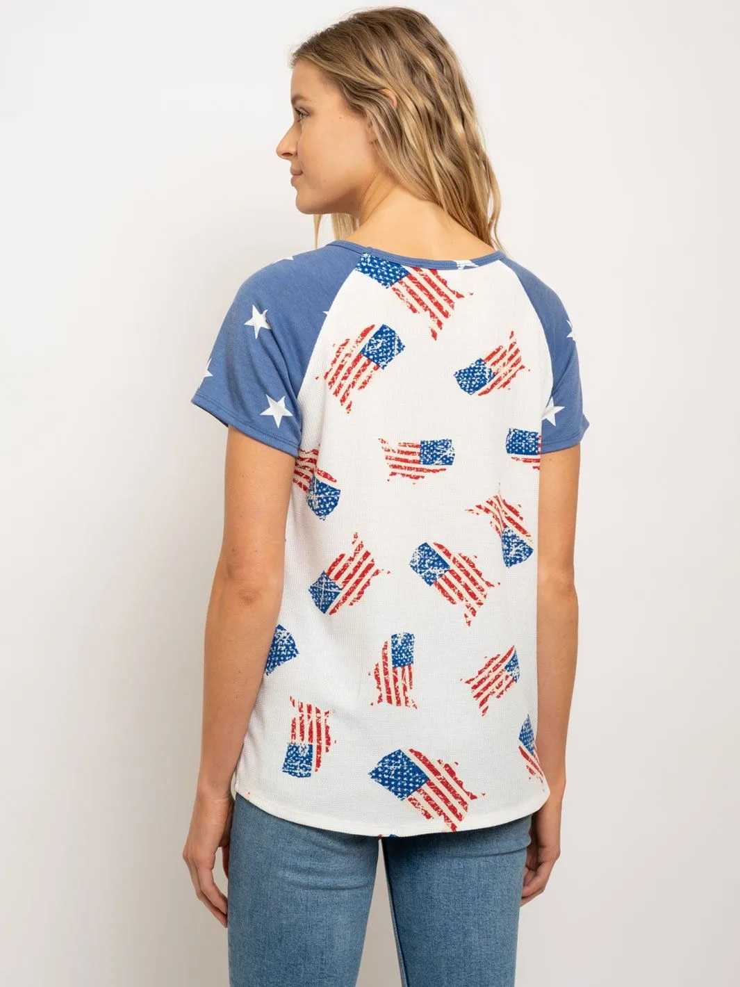 WOMEN'S STARS FLAG PRINT SHORT SLEEVE BOAT NECK TOP