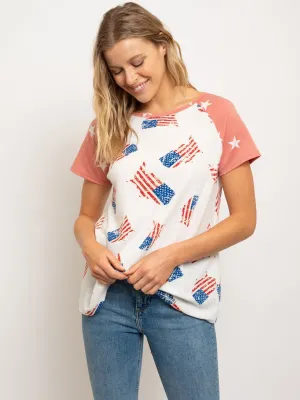 WOMEN'S STARS FLAG PRINT SHORT SLEEVE BOAT NECK TOP