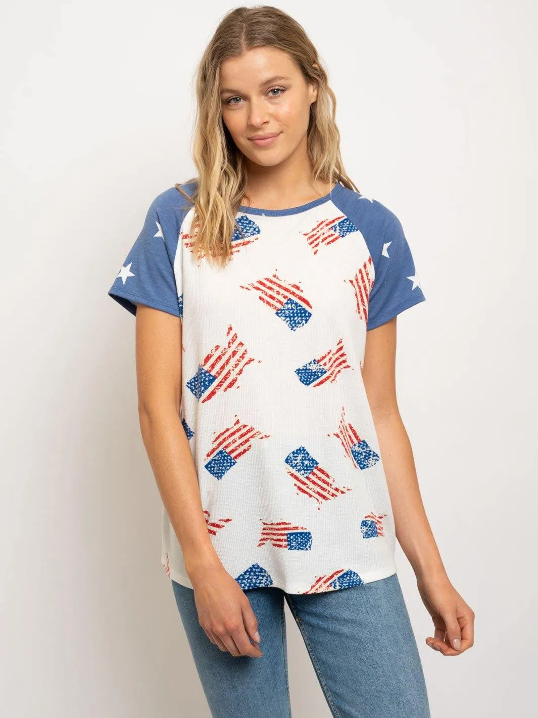 WOMEN'S STARS FLAG PRINT SHORT SLEEVE BOAT NECK TOP