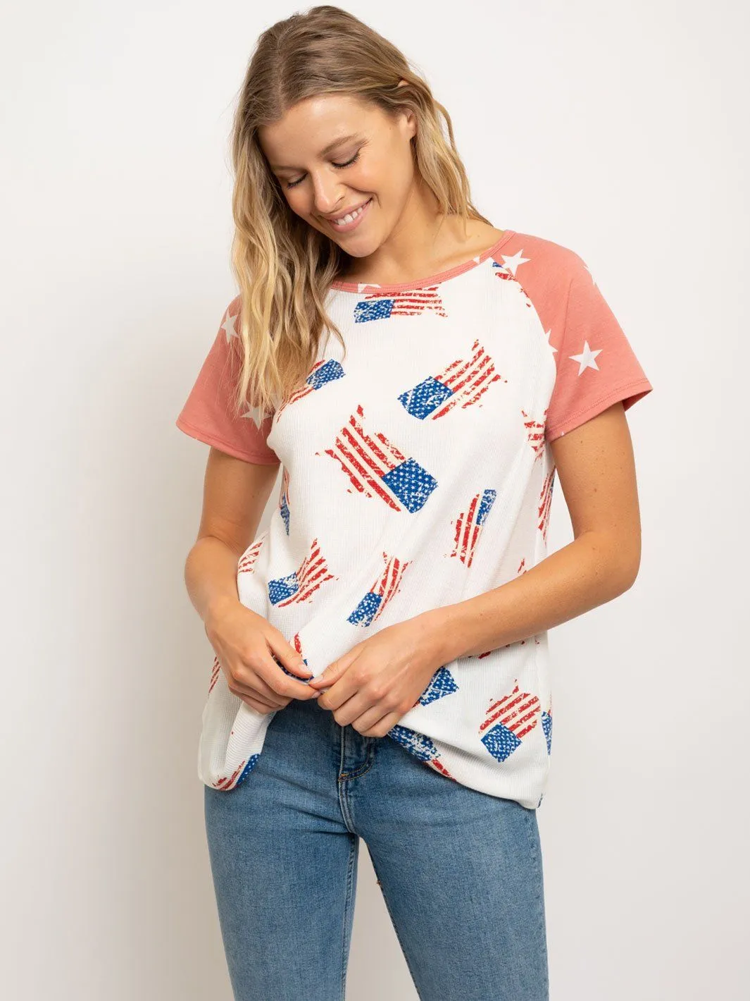 WOMEN'S STARS FLAG PRINT SHORT SLEEVE BOAT NECK TOP