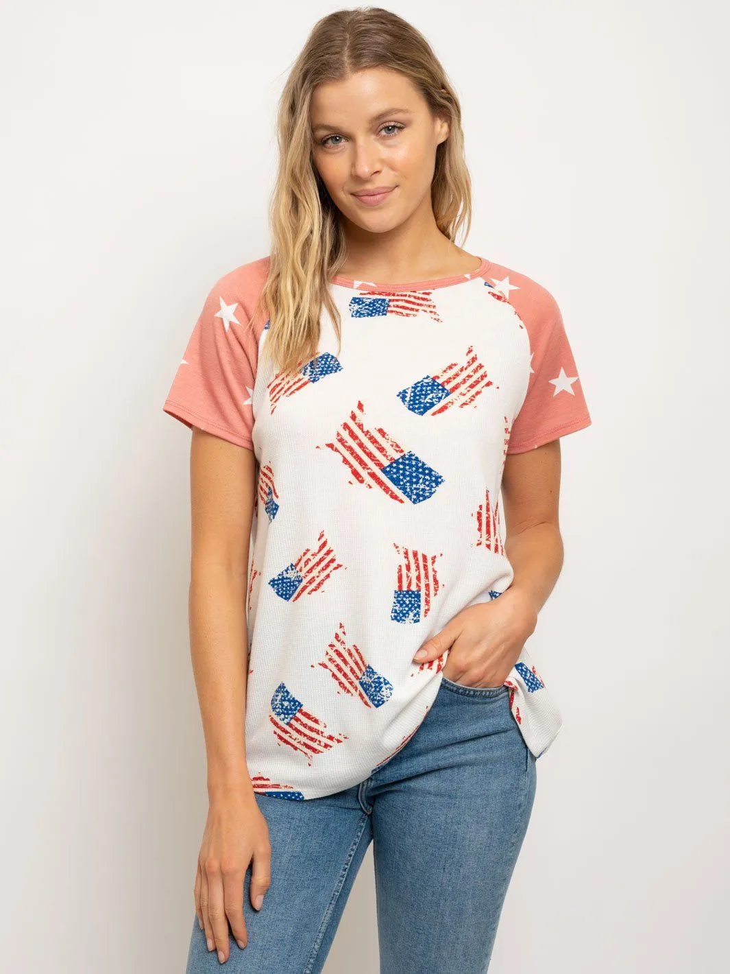 WOMEN'S STARS FLAG PRINT SHORT SLEEVE BOAT NECK TOP