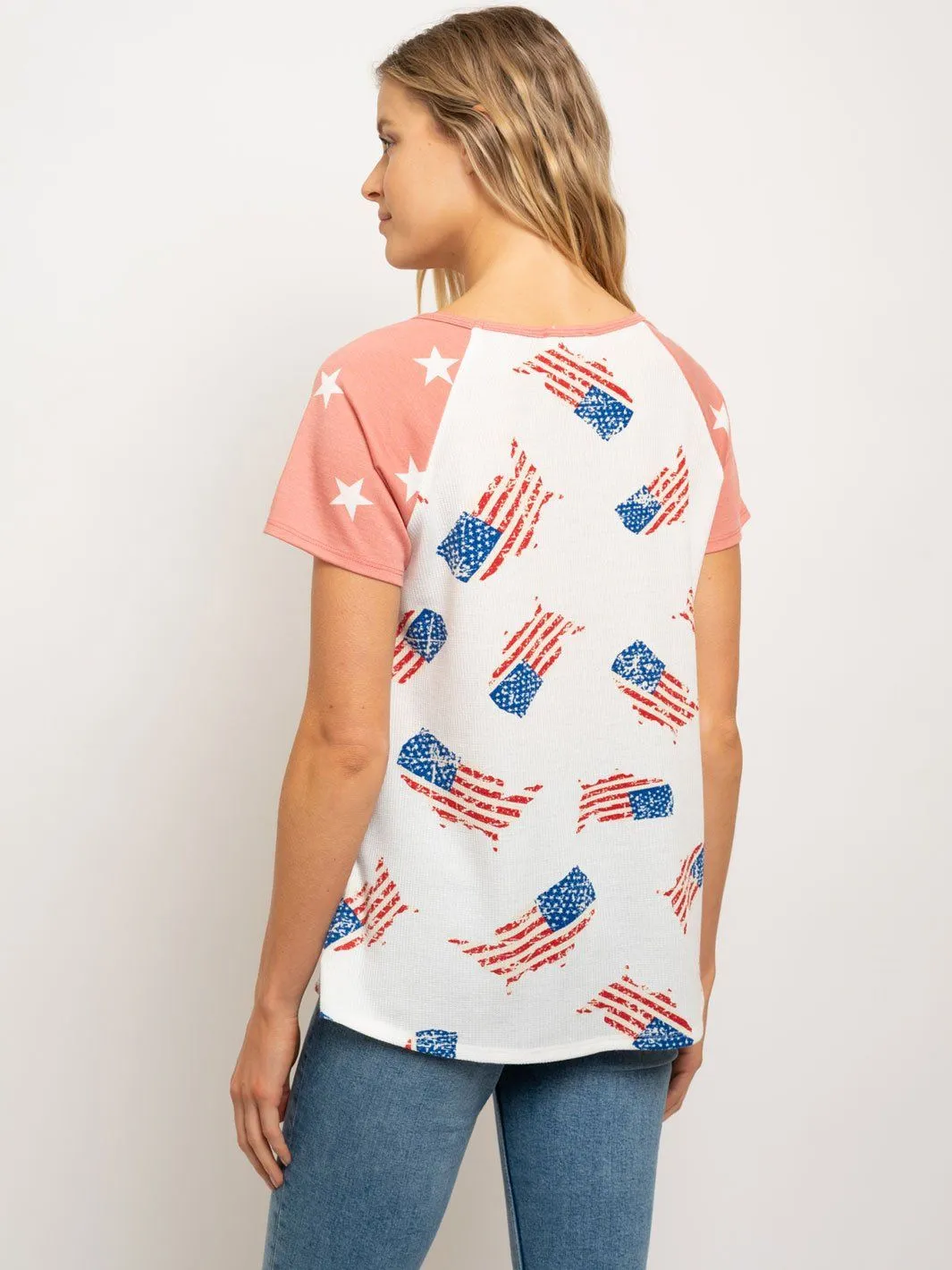 WOMEN'S STARS FLAG PRINT SHORT SLEEVE BOAT NECK TOP