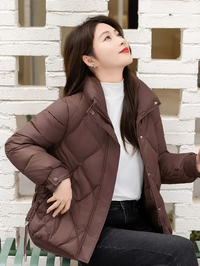 Women's Thickened Solid Color Puffer Jacket Ruched and Quilted Design