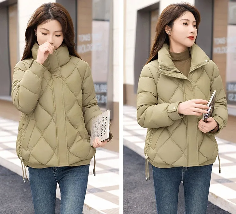 Women's Thickened Solid Color Puffer Jacket Ruched and Quilted Design