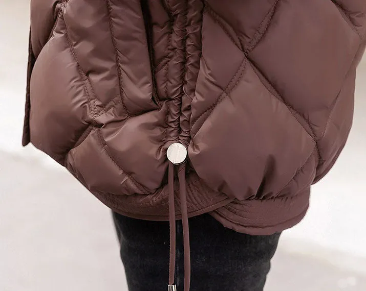 Women's Thickened Solid Color Puffer Jacket Ruched and Quilted Design