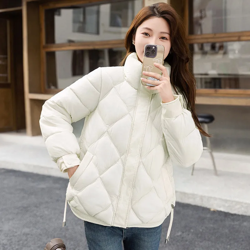 Women's Thickened Solid Color Puffer Jacket Ruched and Quilted Design