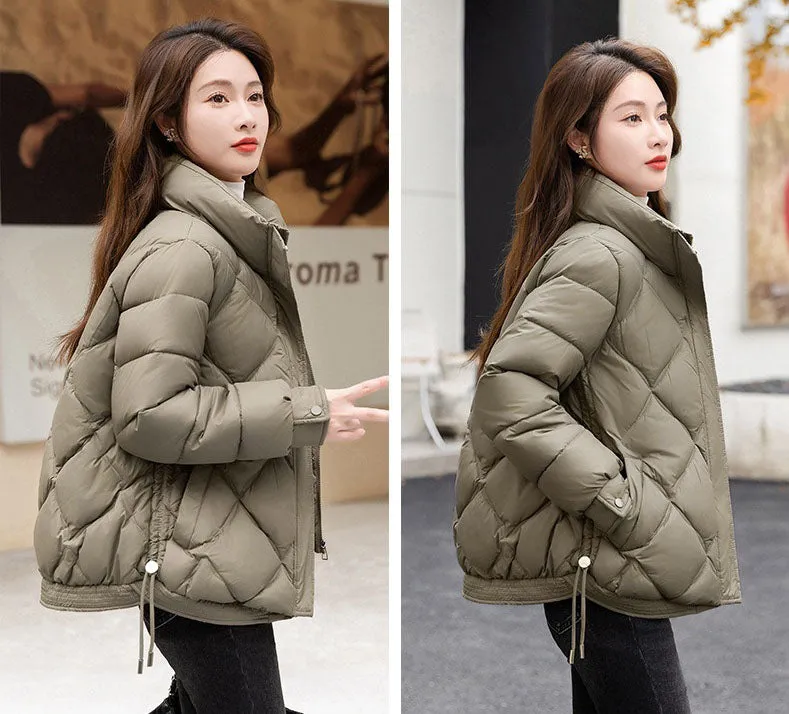 Women's Thickened Solid Color Puffer Jacket Ruched and Quilted Design