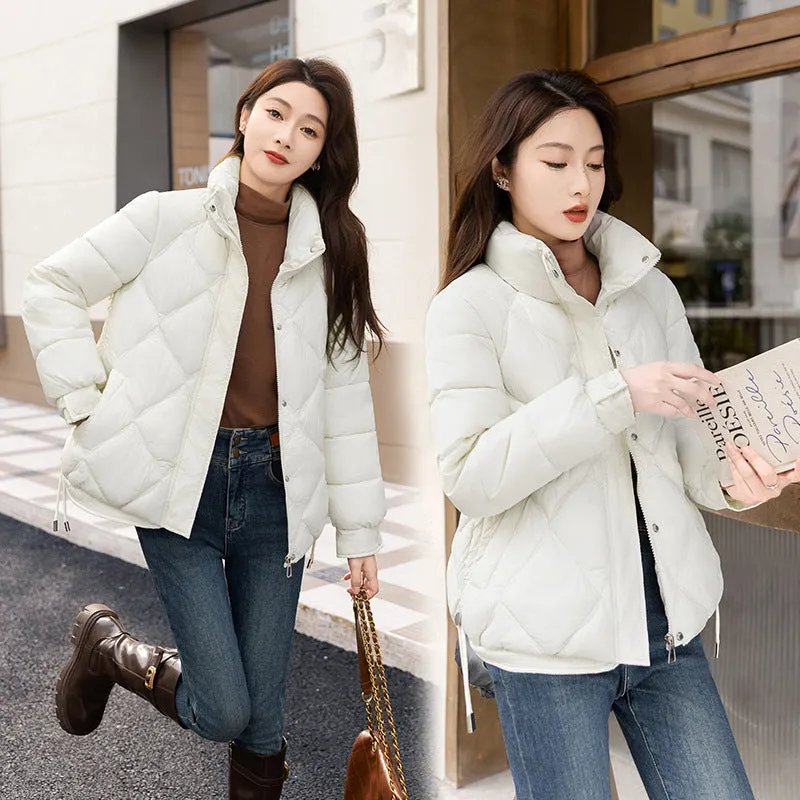 Women's Thickened Solid Color Puffer Jacket Ruched and Quilted Design