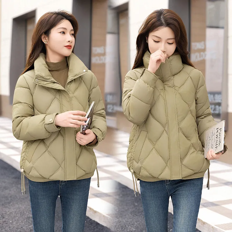 Women's Thickened Solid Color Puffer Jacket Ruched and Quilted Design