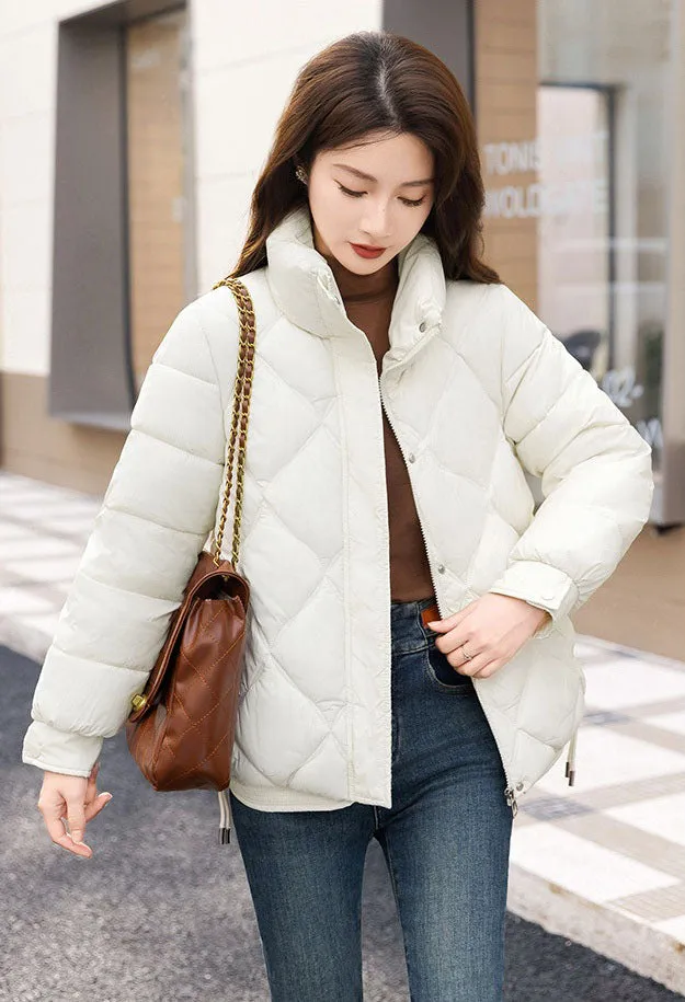 Women's Thickened Solid Color Puffer Jacket Ruched and Quilted Design