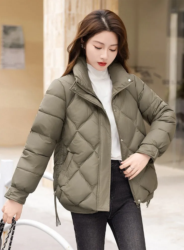 Women's Thickened Solid Color Puffer Jacket Ruched and Quilted Design