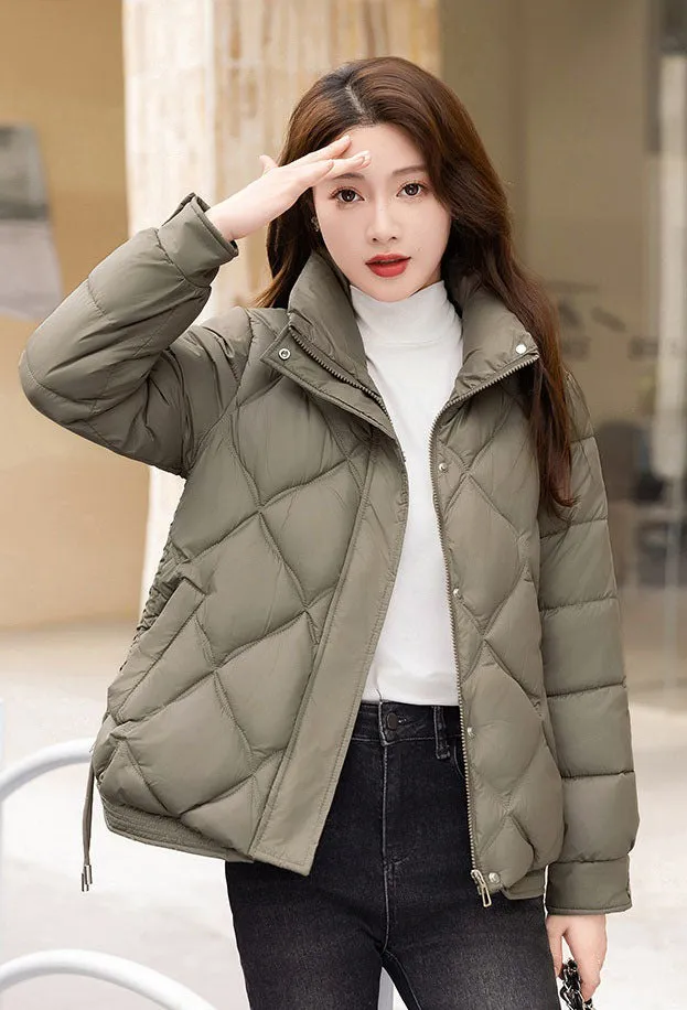 Women's Thickened Solid Color Puffer Jacket Ruched and Quilted Design