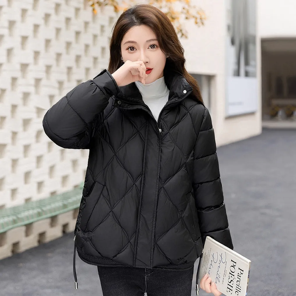 Women's Thickened Solid Color Puffer Jacket Ruched and Quilted Design