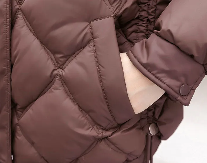 Women's Thickened Solid Color Puffer Jacket Ruched and Quilted Design