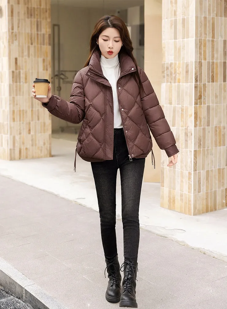 Women's Thickened Solid Color Puffer Jacket Ruched and Quilted Design