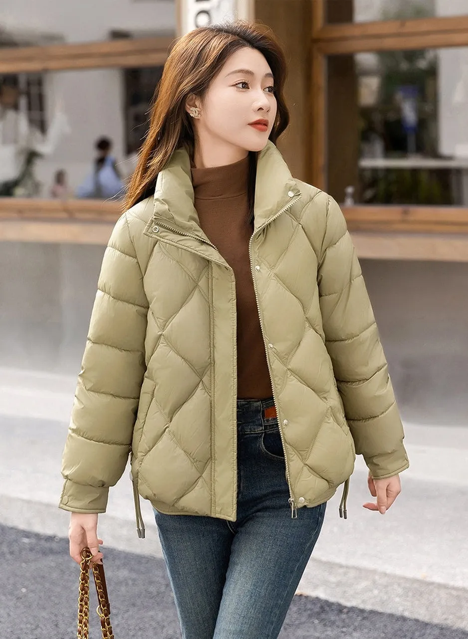 Women's Thickened Solid Color Puffer Jacket Ruched and Quilted Design