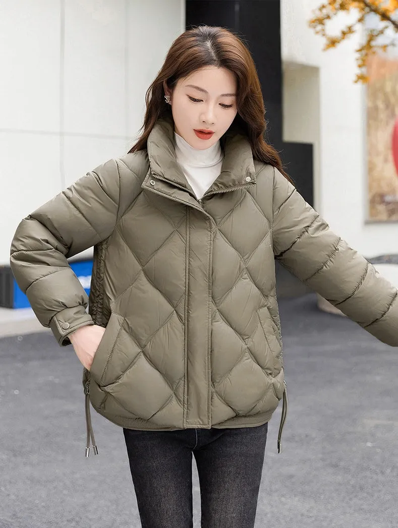 Women's Thickened Solid Color Puffer Jacket Ruched and Quilted Design