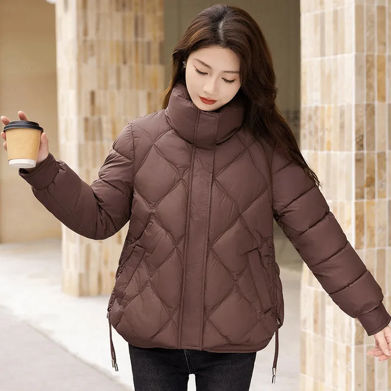 Women's Thickened Solid Color Puffer Jacket Ruched and Quilted Design