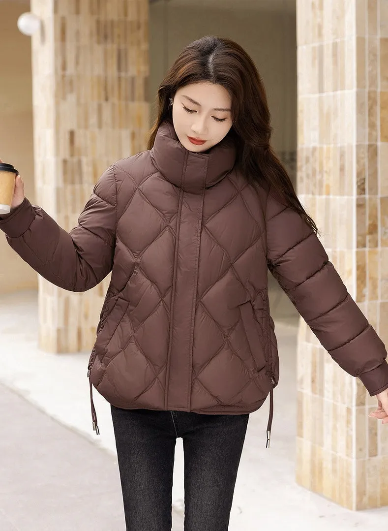 Women's Thickened Solid Color Puffer Jacket Ruched and Quilted Design