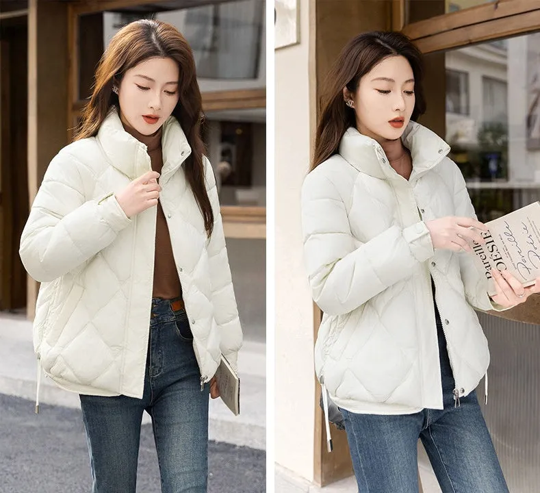 Women's Thickened Solid Color Puffer Jacket Ruched and Quilted Design