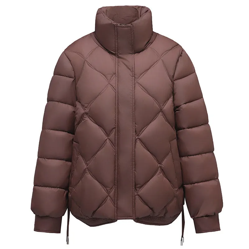 Women's Thickened Solid Color Puffer Jacket Ruched and Quilted Design