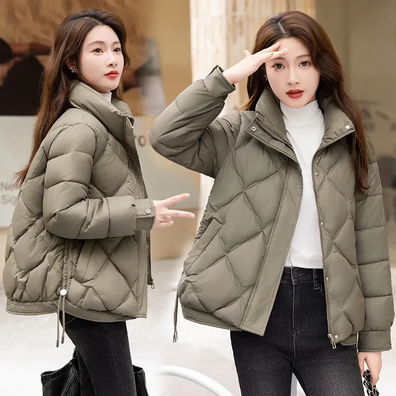 Women's Thickened Solid Color Puffer Jacket Ruched and Quilted Design
