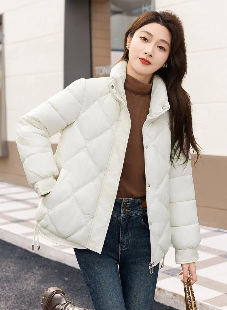 Women's Thickened Solid Color Puffer Jacket Ruched and Quilted Design