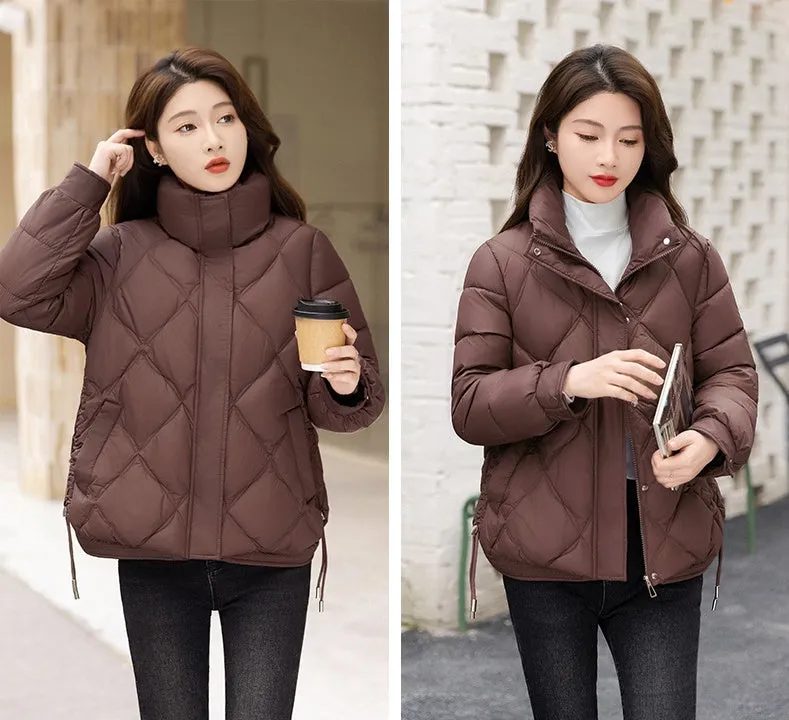 Women's Thickened Solid Color Puffer Jacket Ruched and Quilted Design